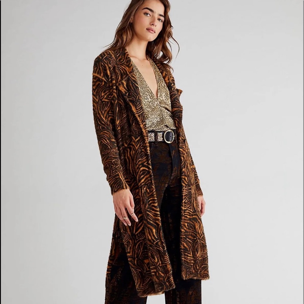 New Free People Long Animal Cardi Duster Sweater Size XS